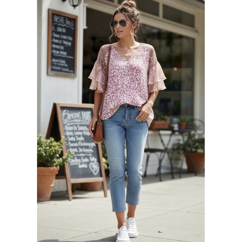 Umgee Pink Leopard Print Blouse Women's XL Ruffle Sheer Boho Top